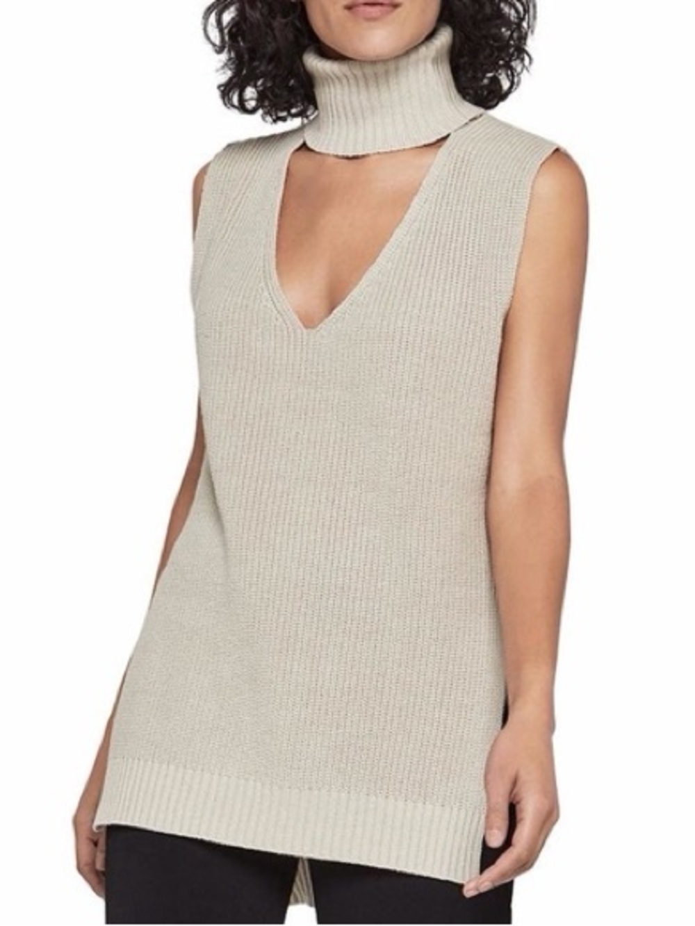 BCBGeneration Sleeveless V-Neck Turtleneck Knit Vest in Cream